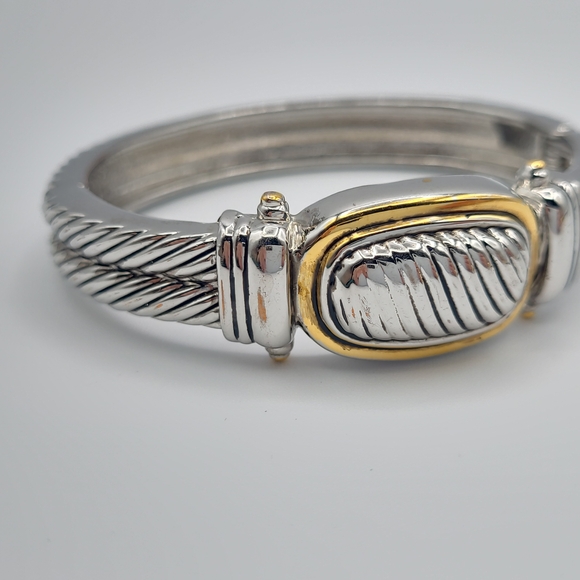 Vintage Two Tone Cable Hinged Bangle Bracelet Silver Gold Tone Chunky Cuff - Picture 7 of 14